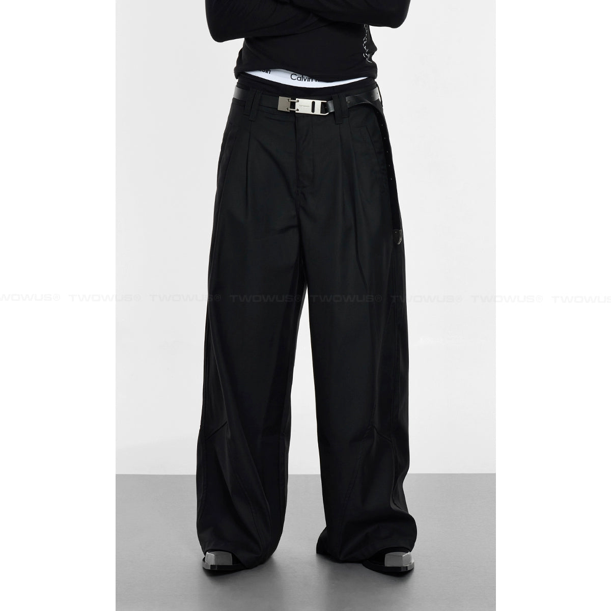 Wide Leg Black Double Pleat Pants