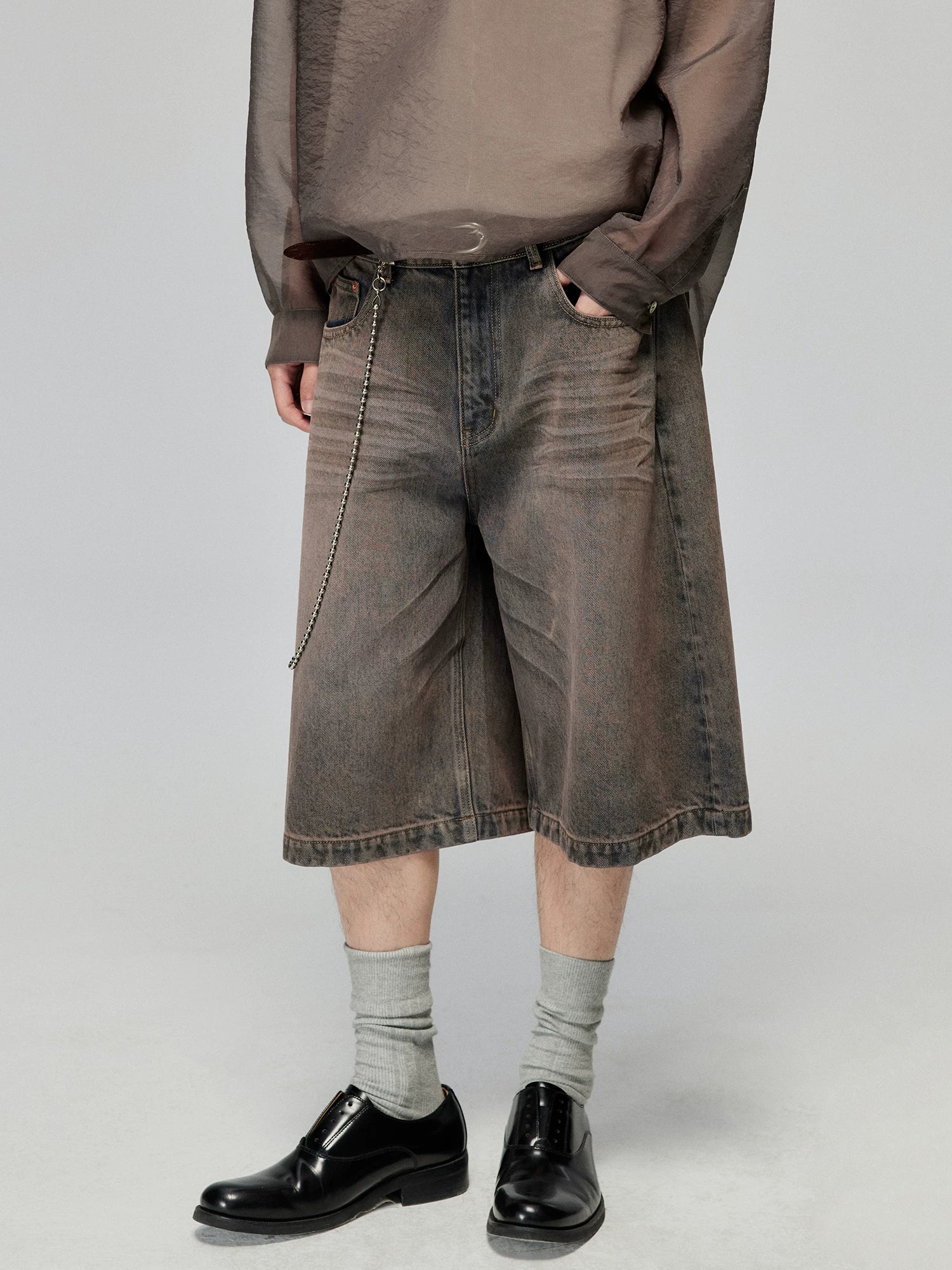 Washed Wide-Leg Denim Bermuda Shorts