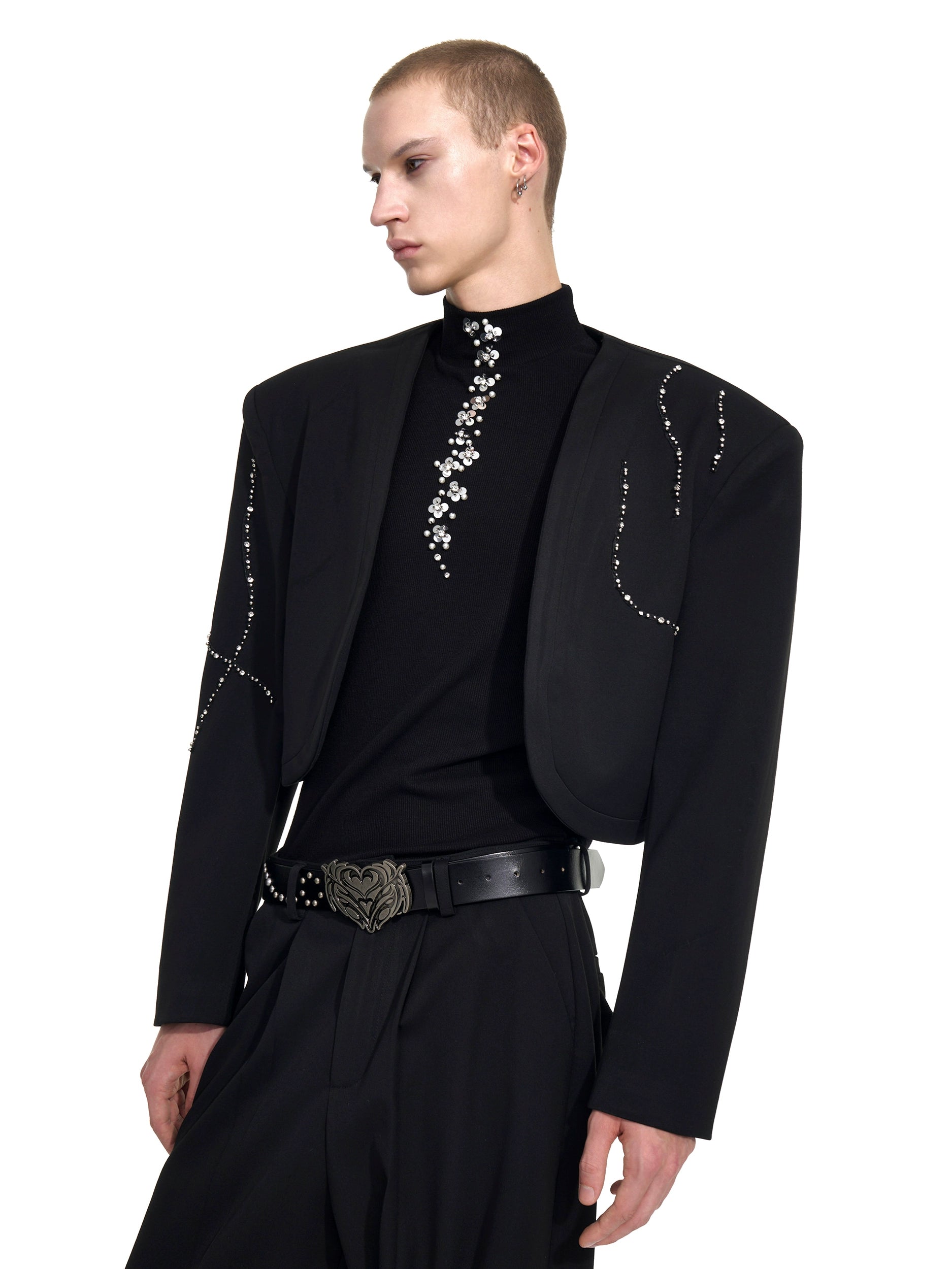 Black Cropped Blazer with Rhinestone Embellishments