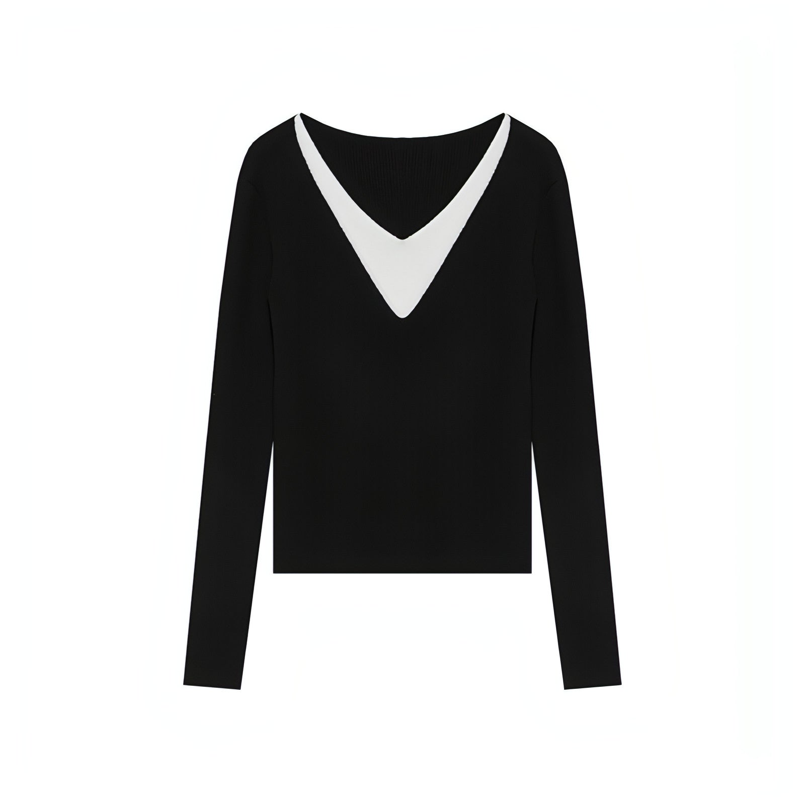 V-Neck Wool Knitwear, Color-Block Faux Layered Top - chiclara