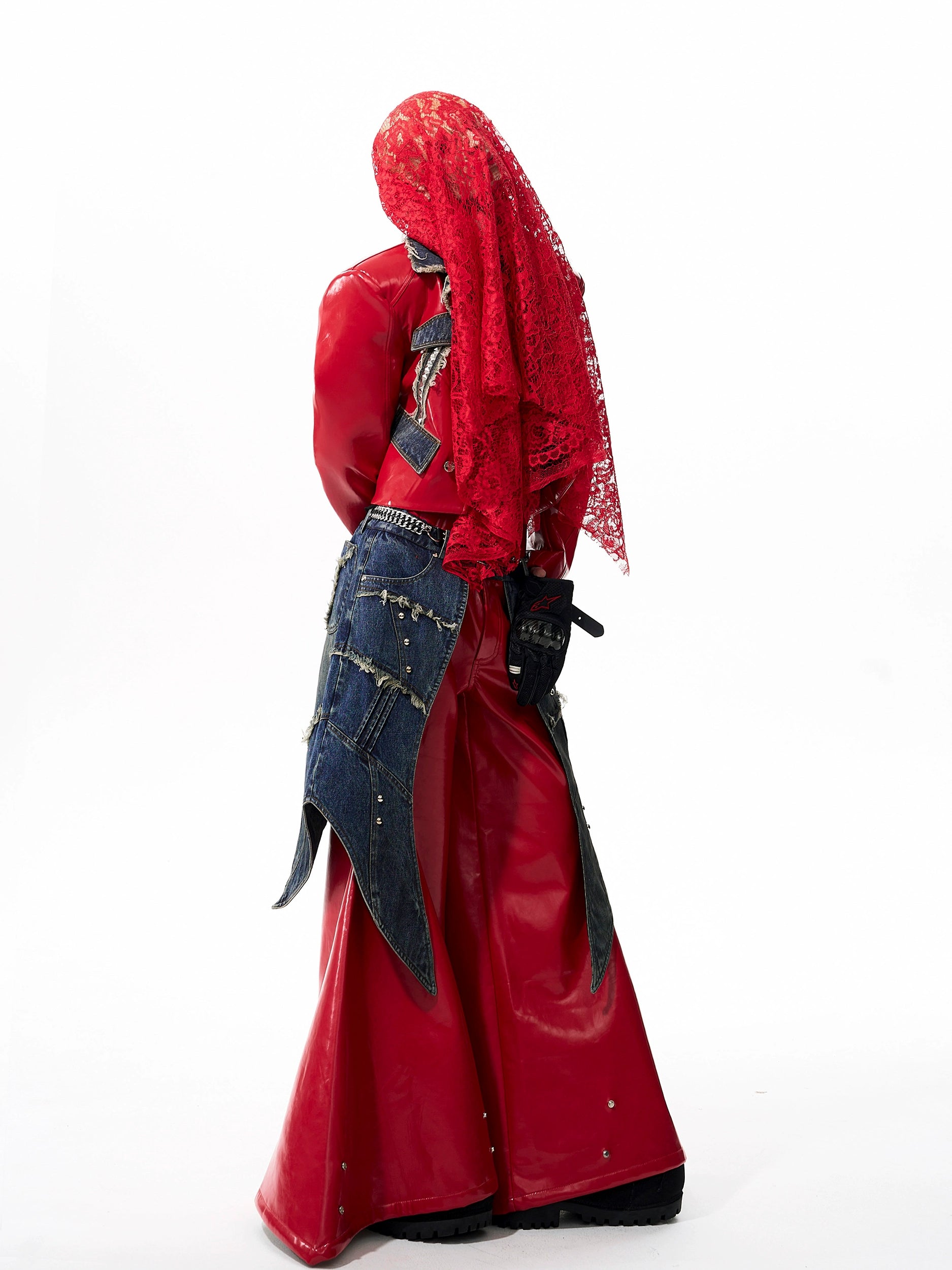 Red Patent Vinyl and Denim Patchwork Jacket and Pants Setup