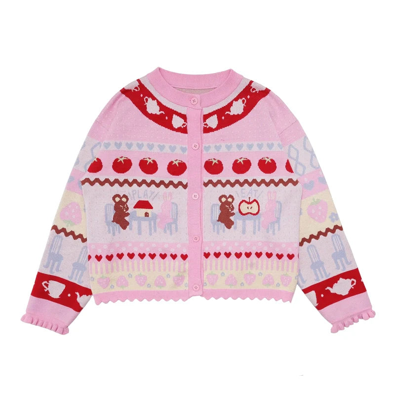 Meugler Bear Rabbit Playhouse Colorful Cute Striped Knit Set – Cardigan & Skirt