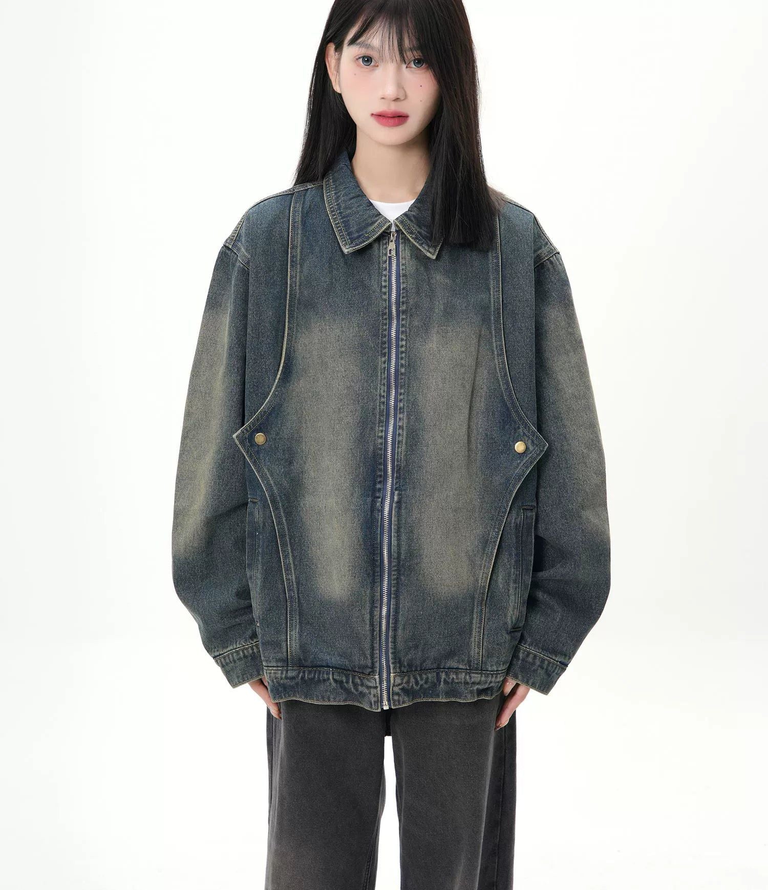 Denim Jacket with Buttons and Zipper - chiclara