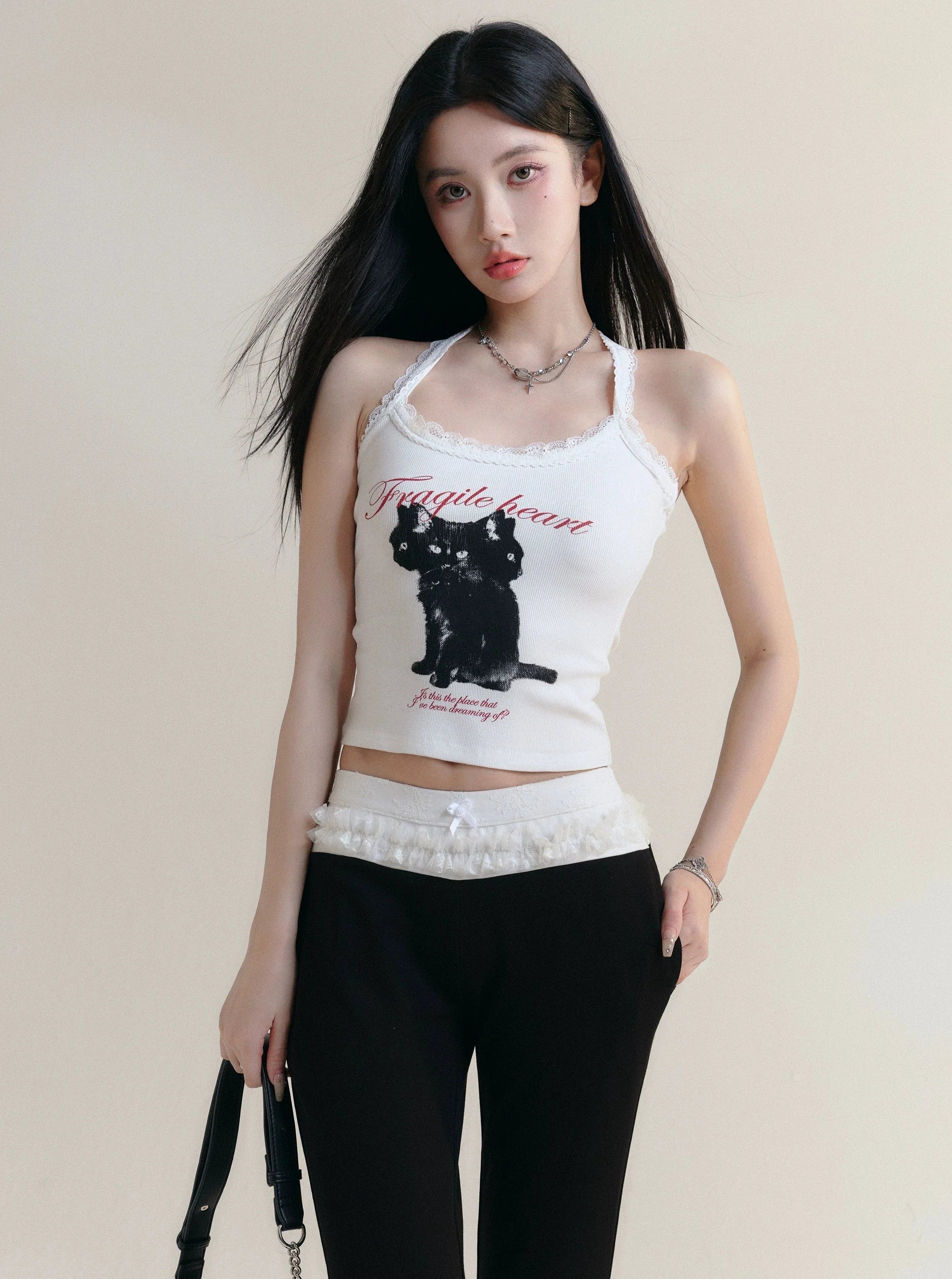 Feline Flair Lace-Trimmed Halter Tank - Black Cat Graphic