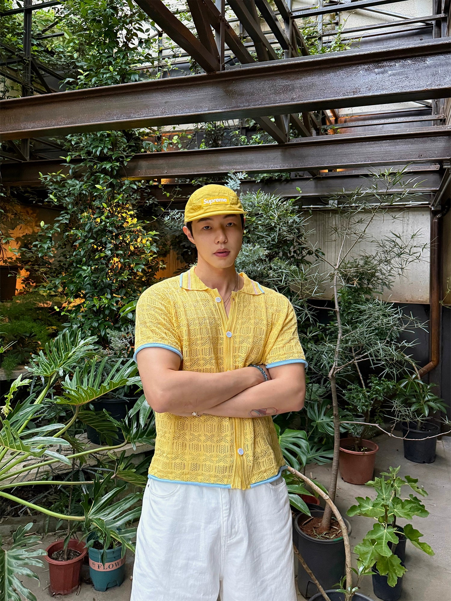 Yellow Crochet Short Sleeve Shirt with Blue Trim