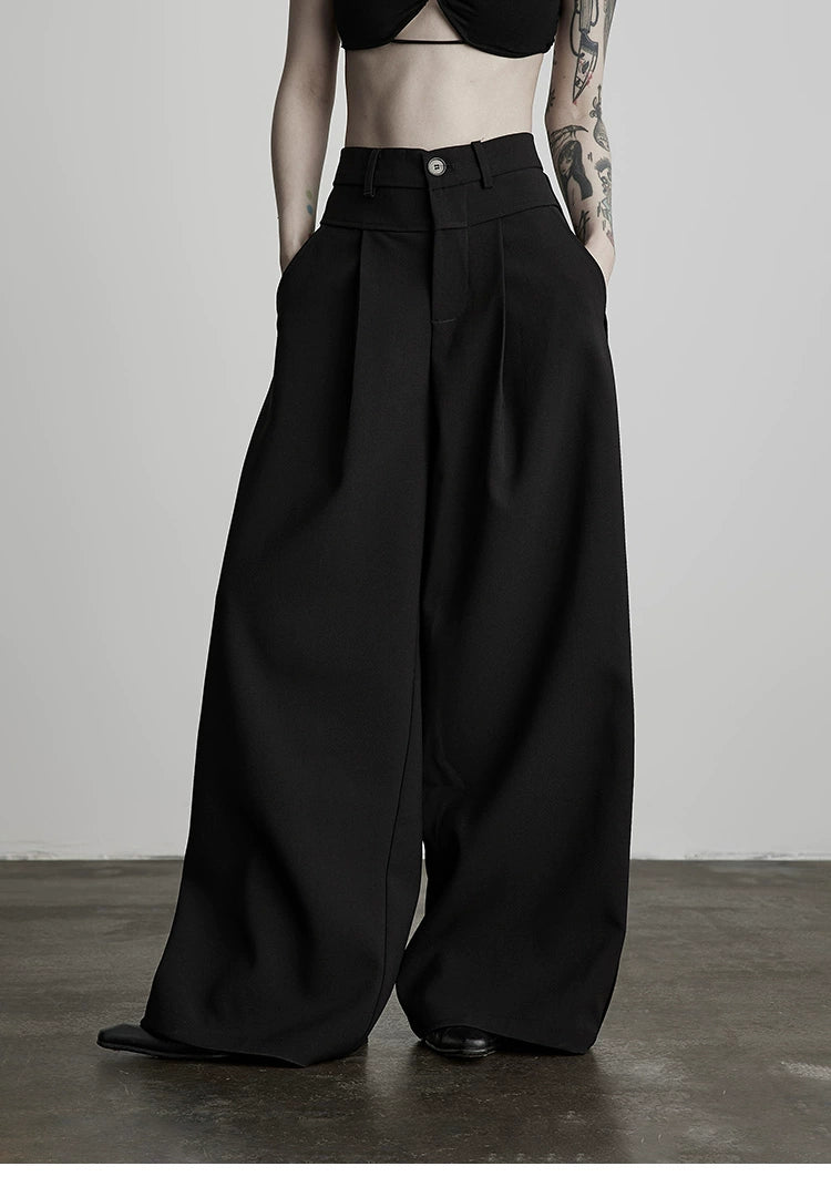 Black Pleated Wide-Leg Casual Pants