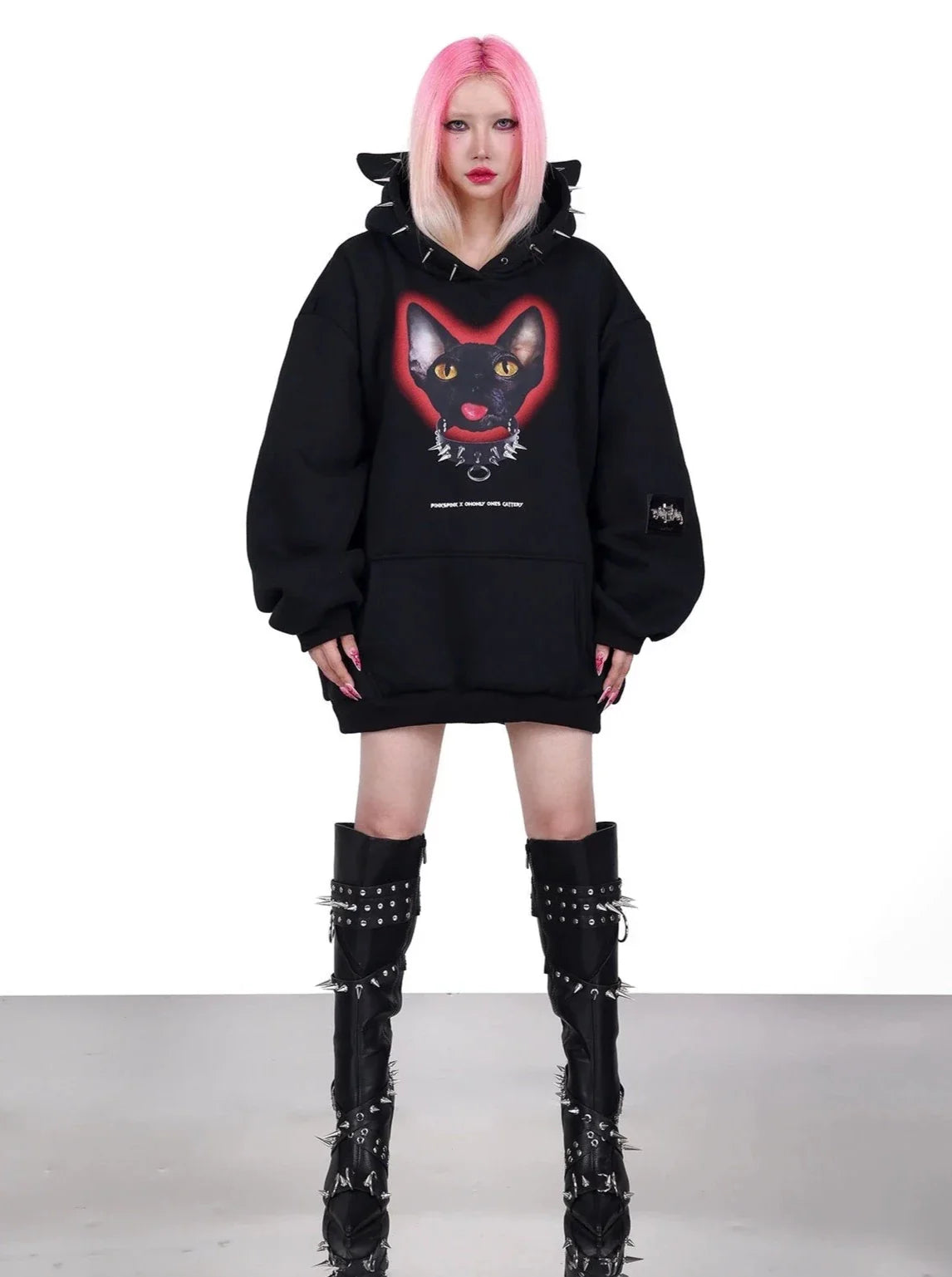 PINKSPINK Spiked Cat-Ear Hoodie - Black with Gothic Cat Print