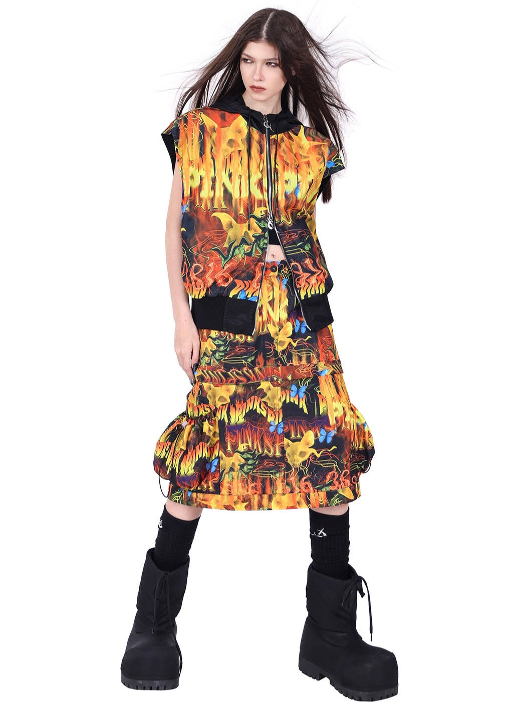 PINKSPINK Flame Graffiti Tiered Maxi Skirt