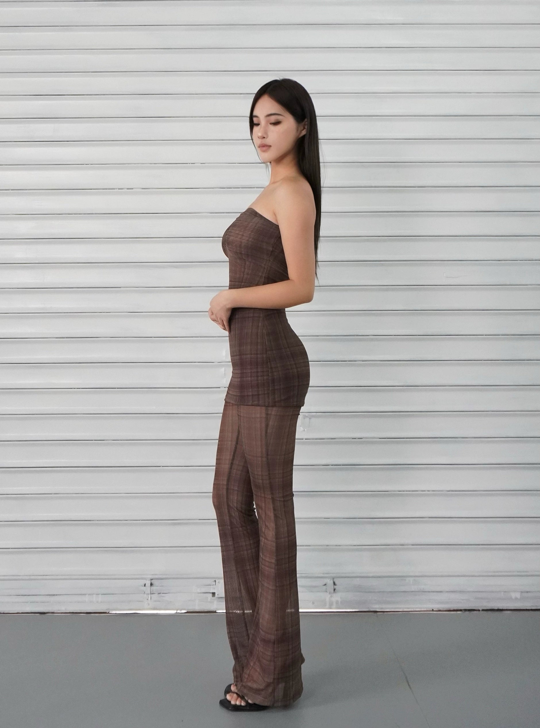 Dark Brown Plaid Bustier Dress Pants