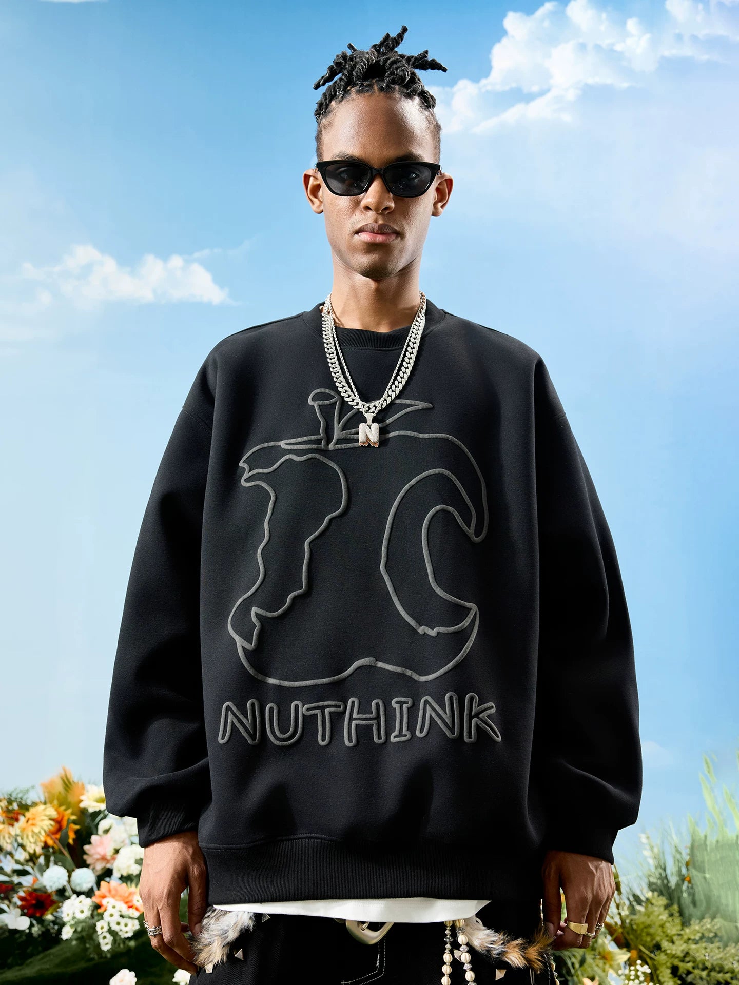 Abstract Outline Embroidered Oversized Crewneck Sweatshirt