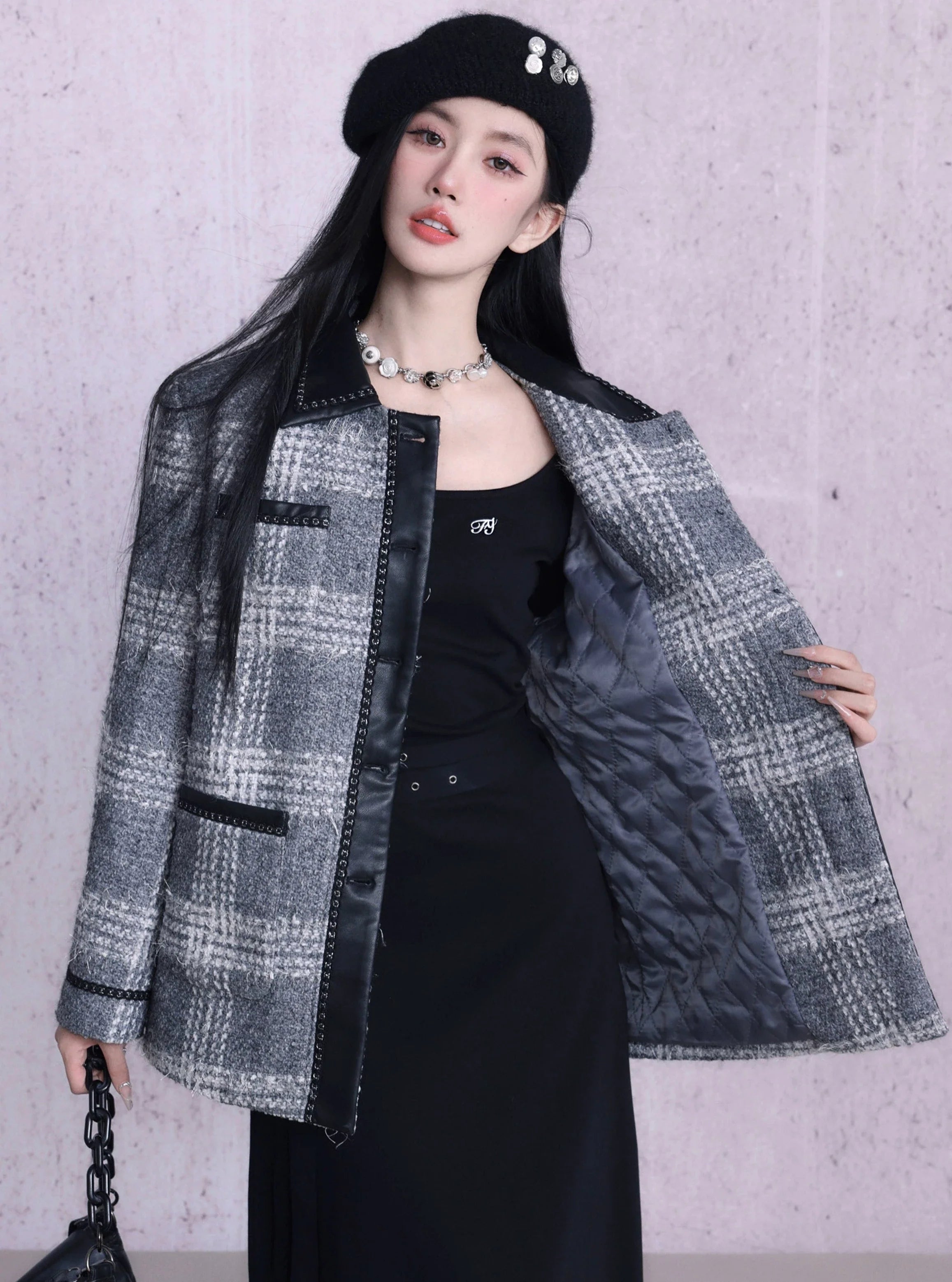 Monochrome Plaid Wool-Blend Jacket: Contrast Collar Button-Front Coat with Multiple Pockets