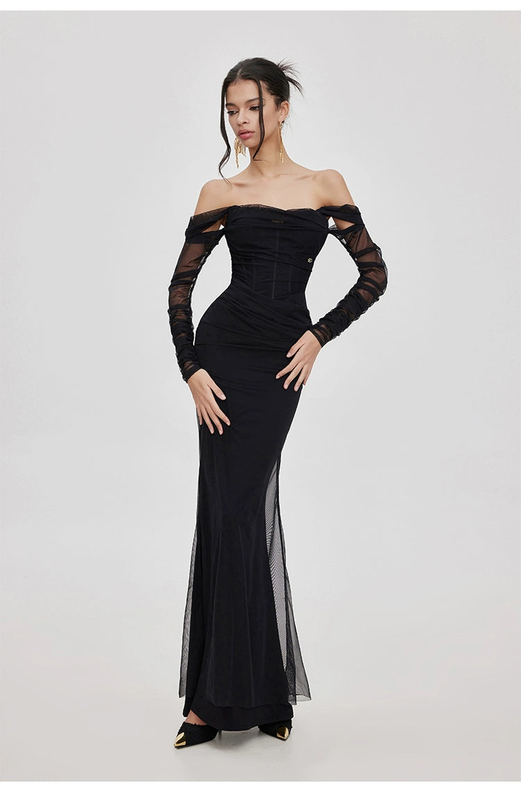 Elegant Off-The-Shoulder Mesh Fishtail Midi Dress - chiclara