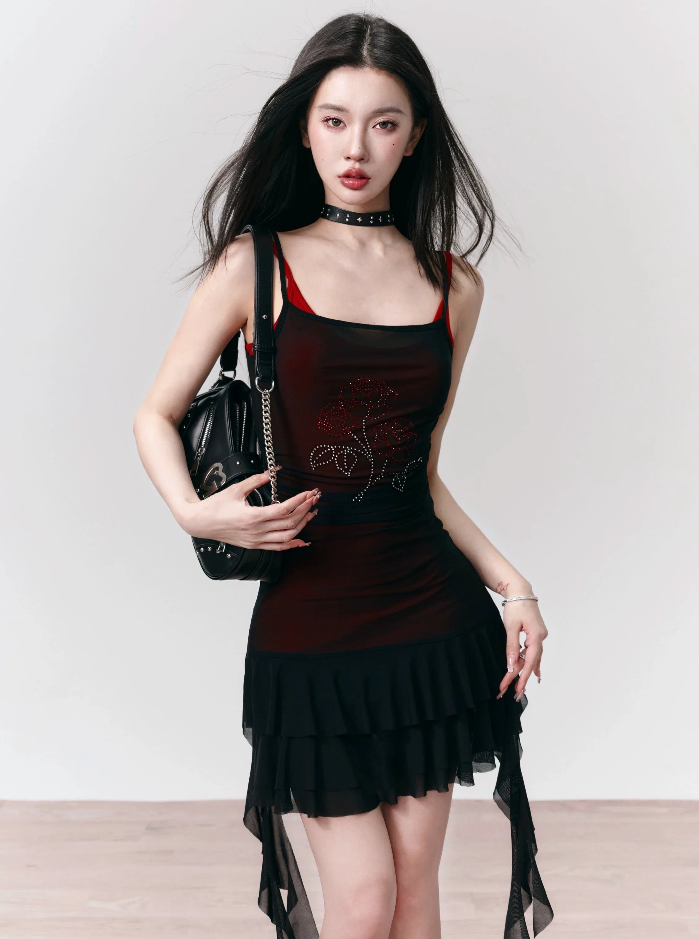 Gothic Asymmetric Hem Spaghetti Strap Mini Dress with Mesh Overlay