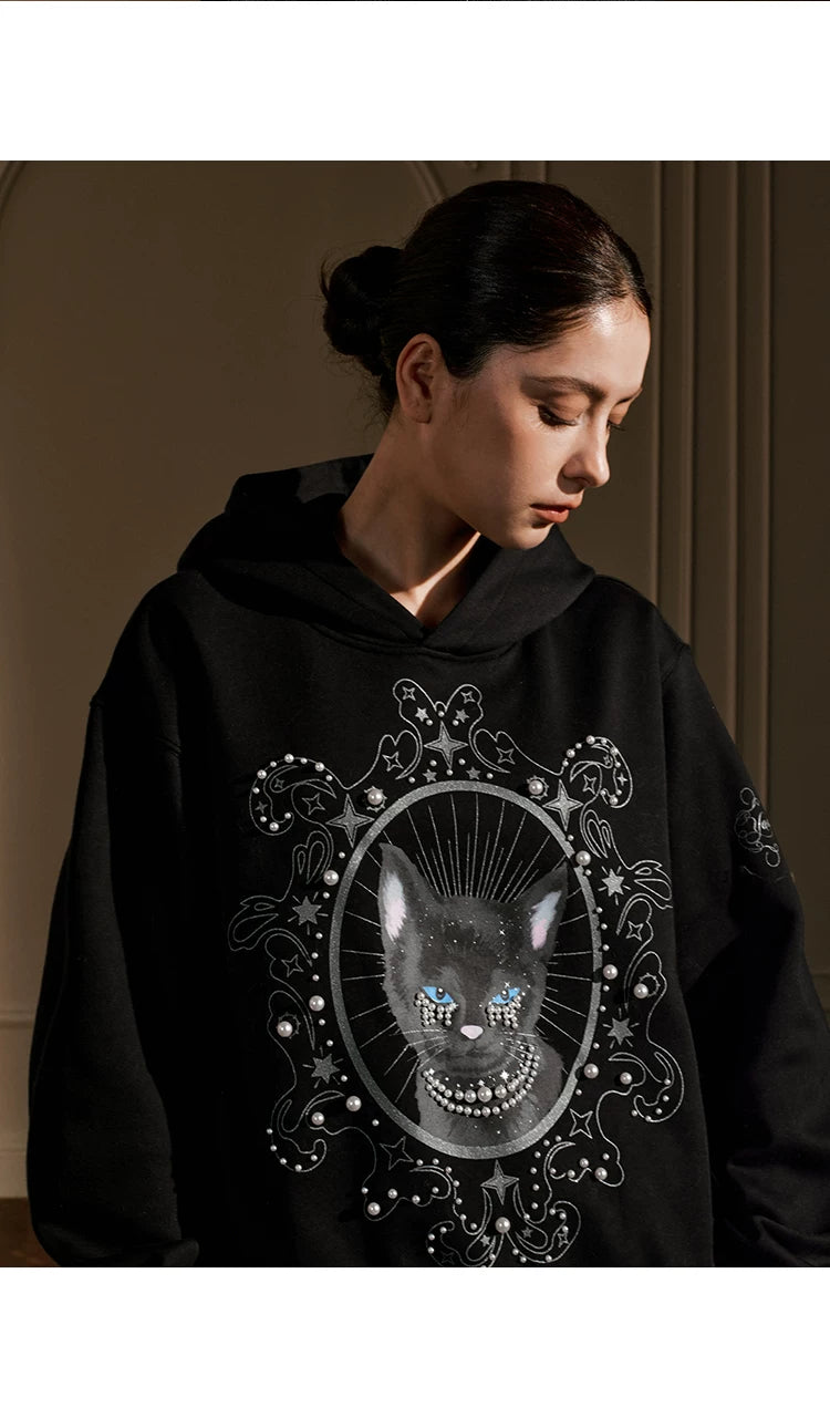Pearl Embellished Mystic Cat Graphic Hoodie