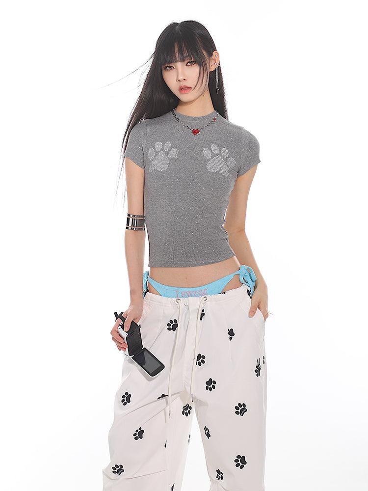 Cat Paw Print Fitted Short Sleeve Tee - chiclara