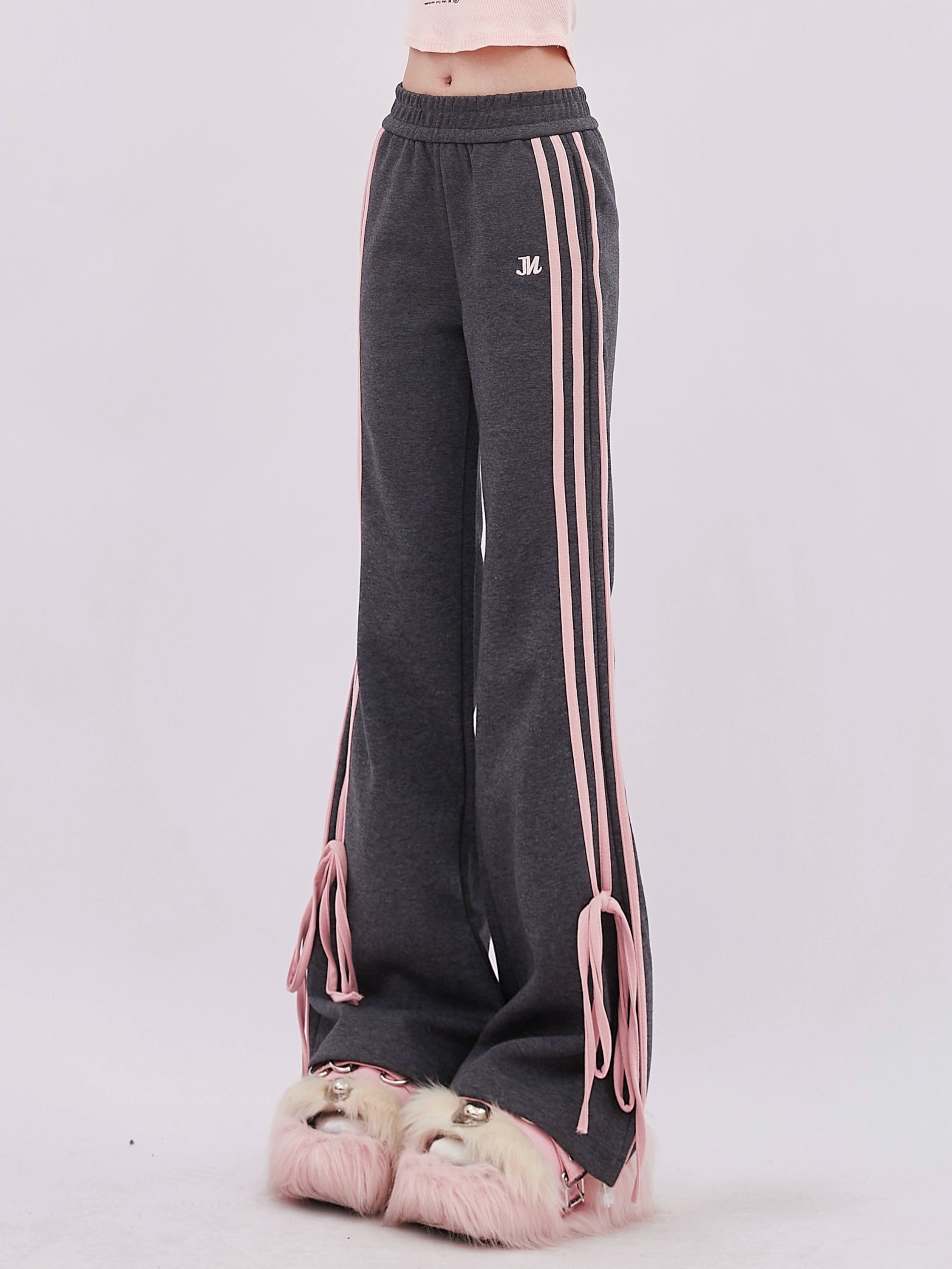 Gray Track Pants with Pink Stripes and Bow Detail