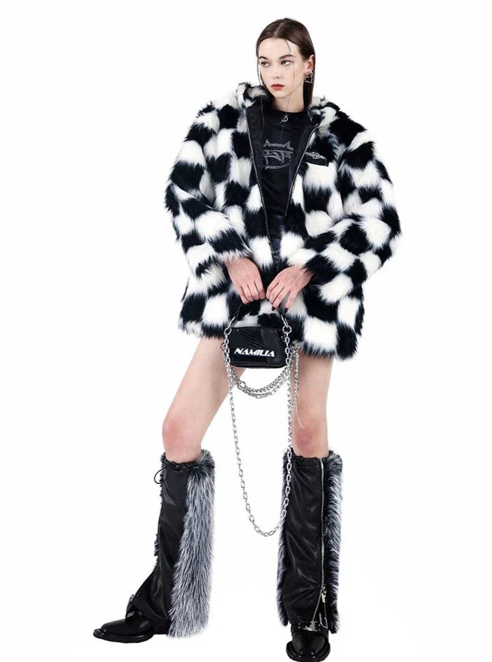 PINKSPINK Checkered Faux Fur Jacket - Black and White