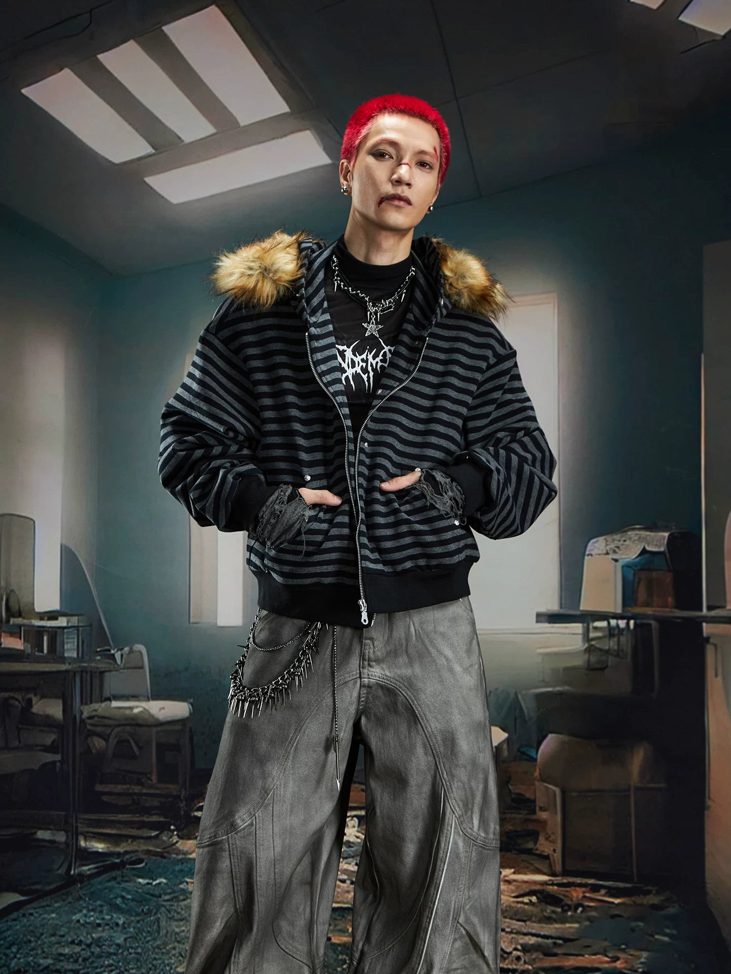 Feral Stripe Faux‑Fur Hooded Zip Jacket