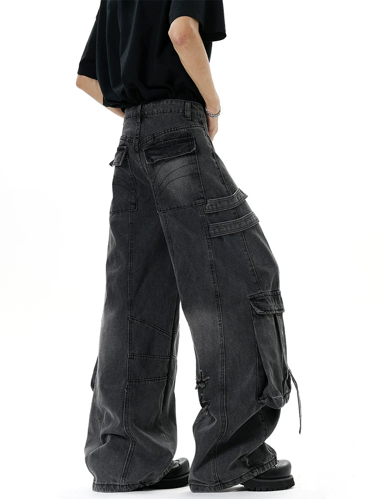 Harness-Ruined Cargo Denim Pants