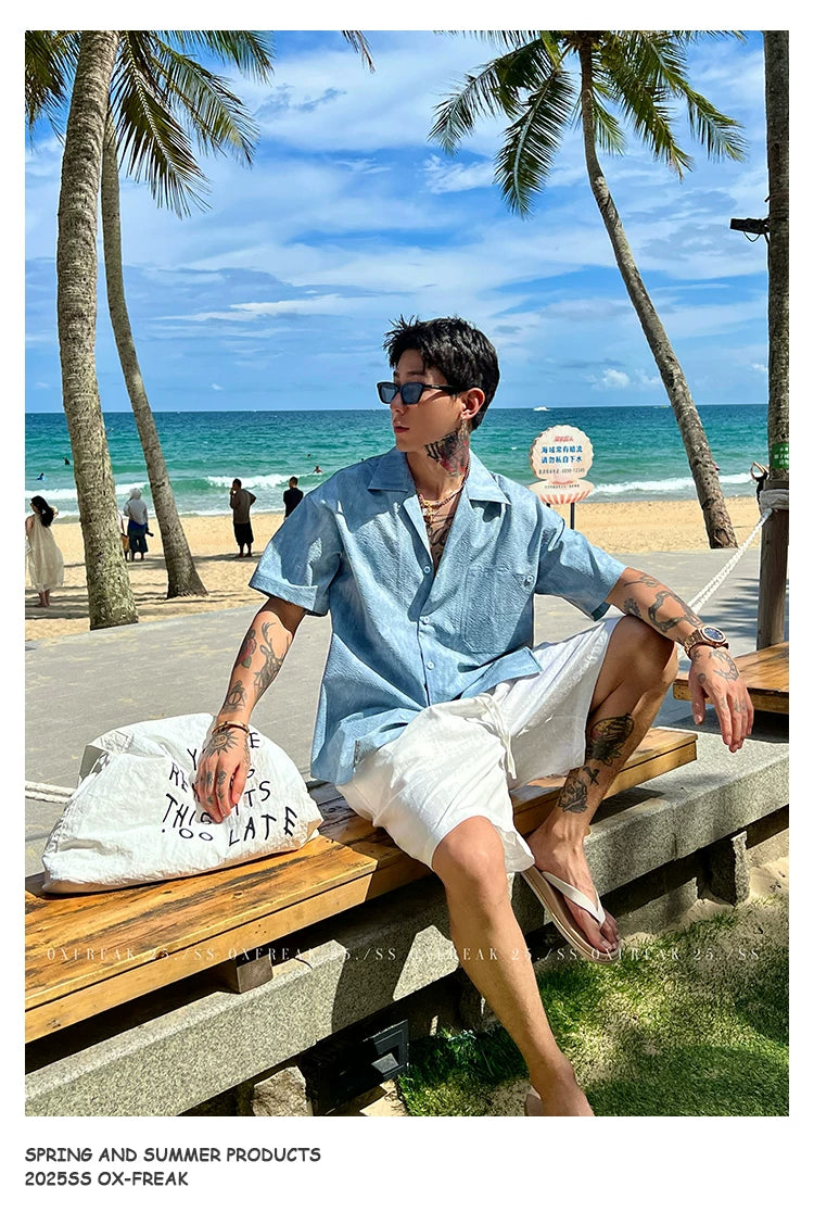 Seersucker Cuban Collar Short-Sleeve Shirt