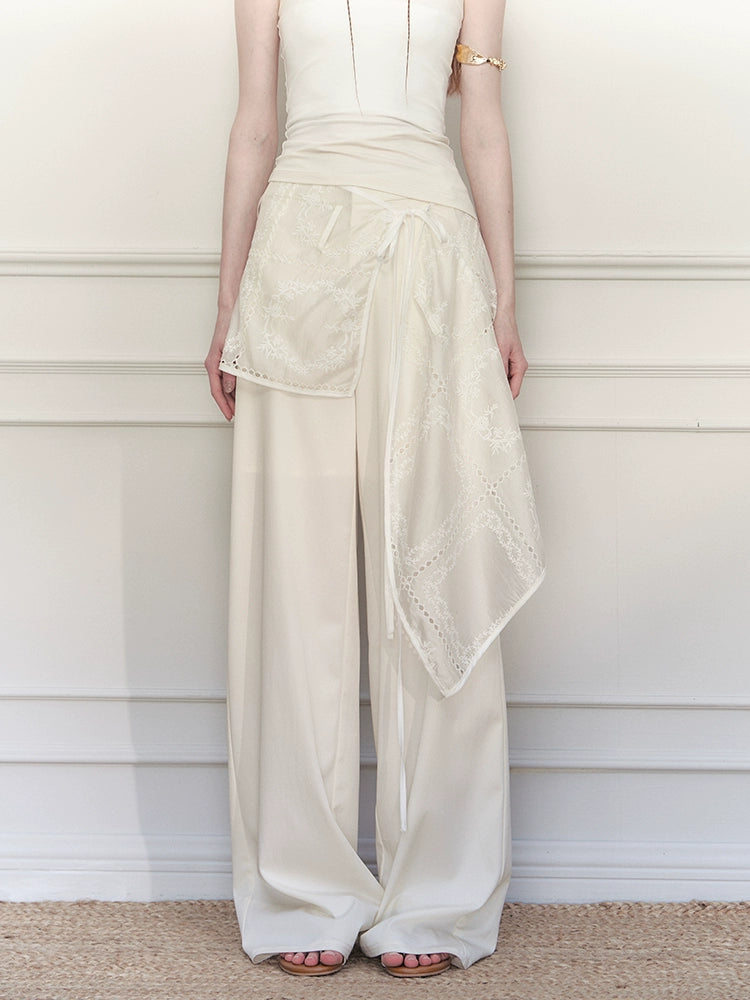 Embroidered Wrap Skirt Wide-Leg Trousers