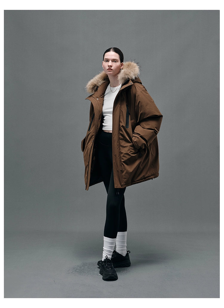 Raccoon Fur-Collar Hooded Down Coat