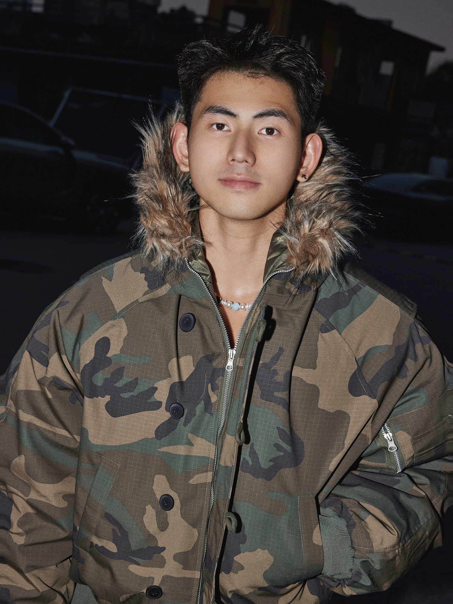 Camo Print Cropped Bomber Jacket with Faux Fur Hood
