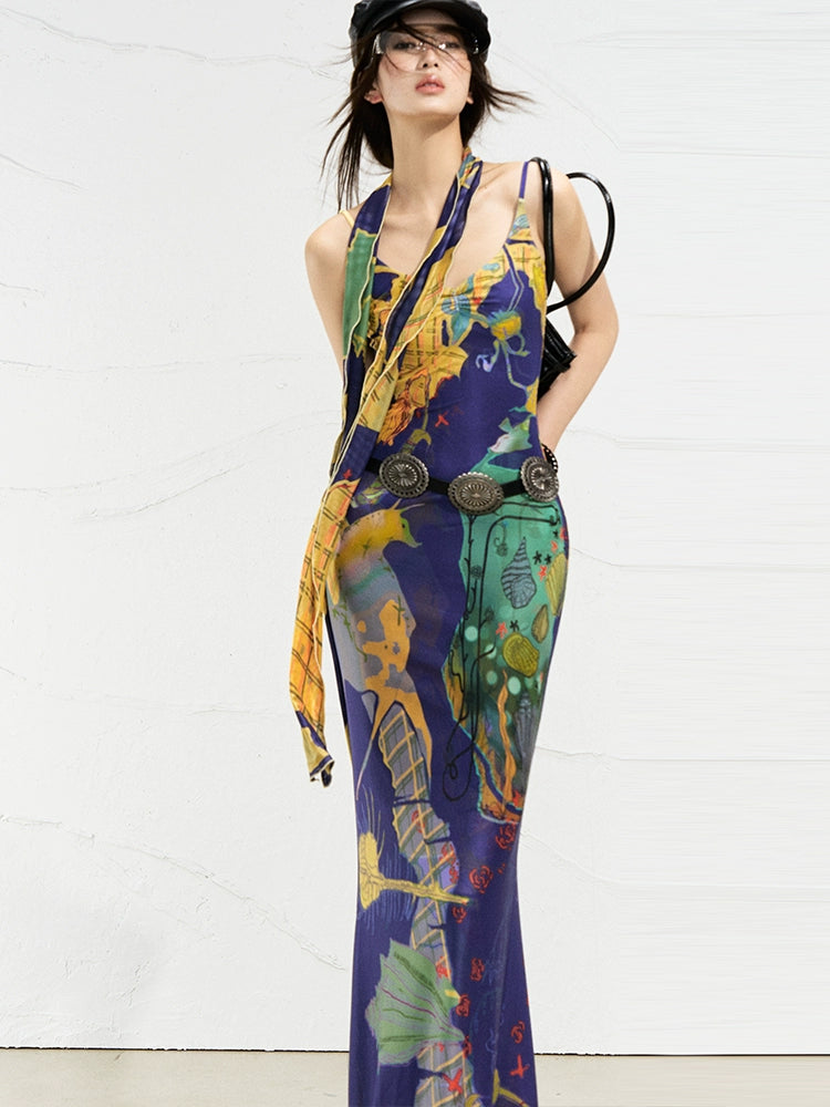 Autumn Flame Halter Maxi Dress