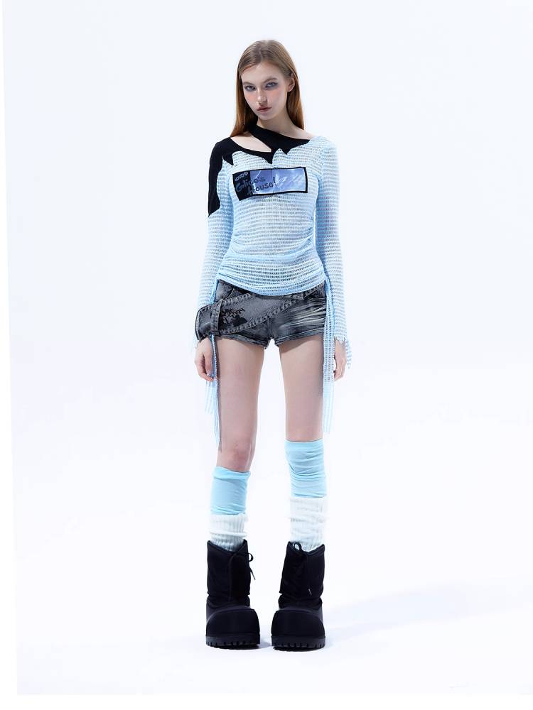 Asymmetric Acid Wash Denim Shorts with Wrap Detail