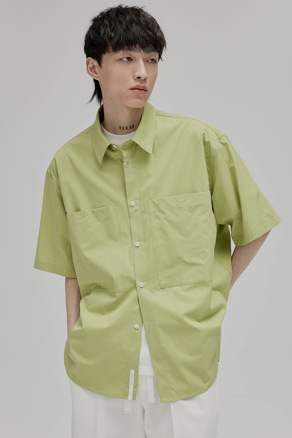 Square Collar Patch Pocket Short Sleeve Shirt