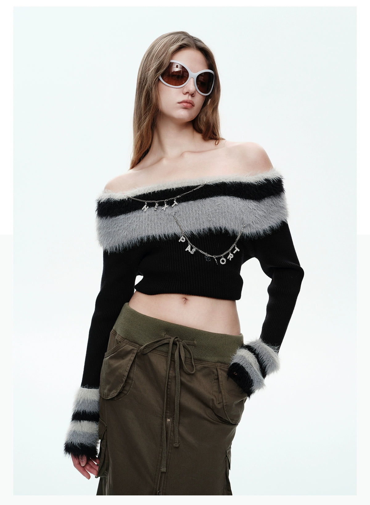 Off-The-Shoulder Fluffy Collar Knitted Pullover - chiclara