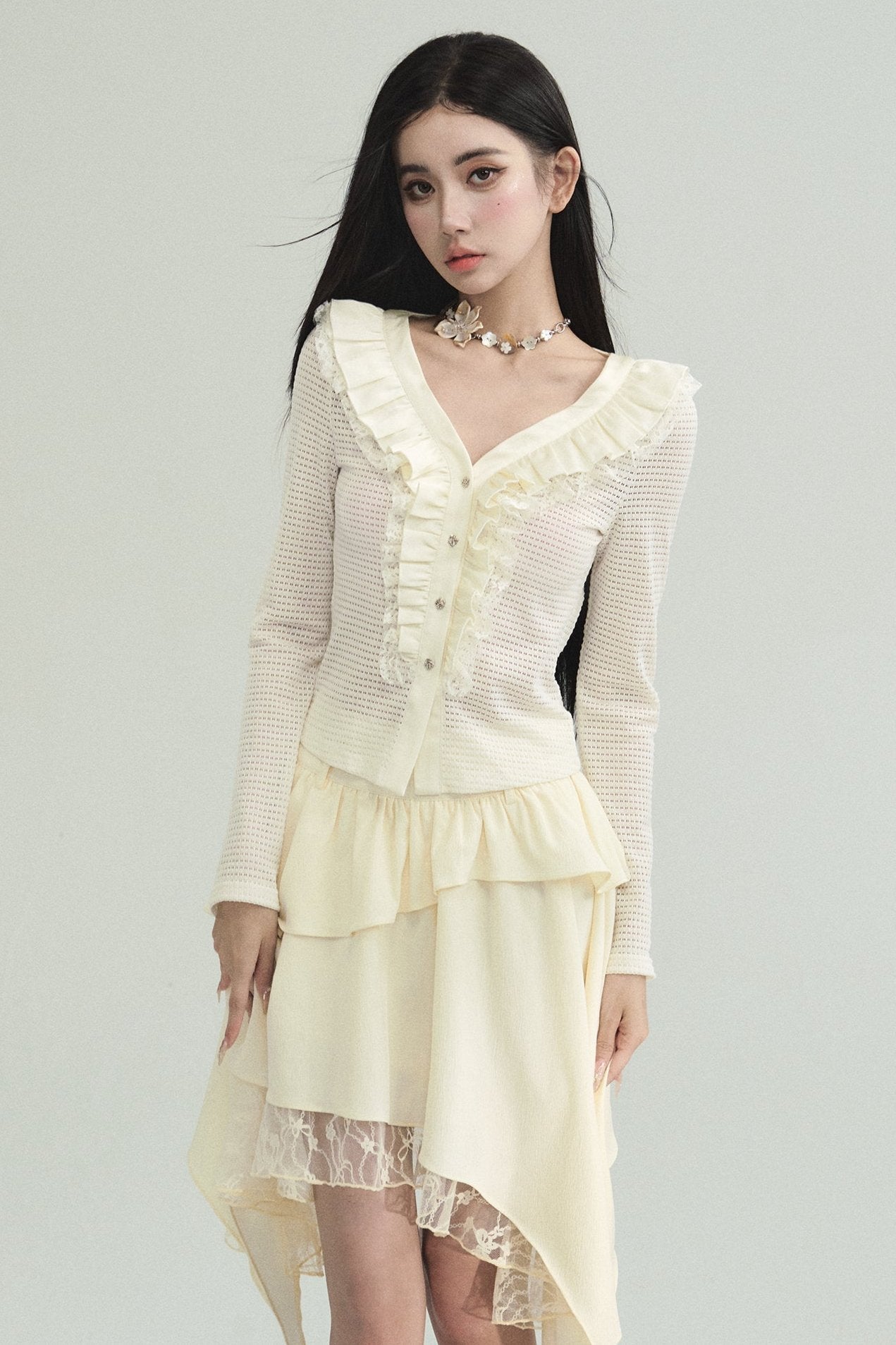 Cream Ruffled Collar Long Sleeve Cardigan