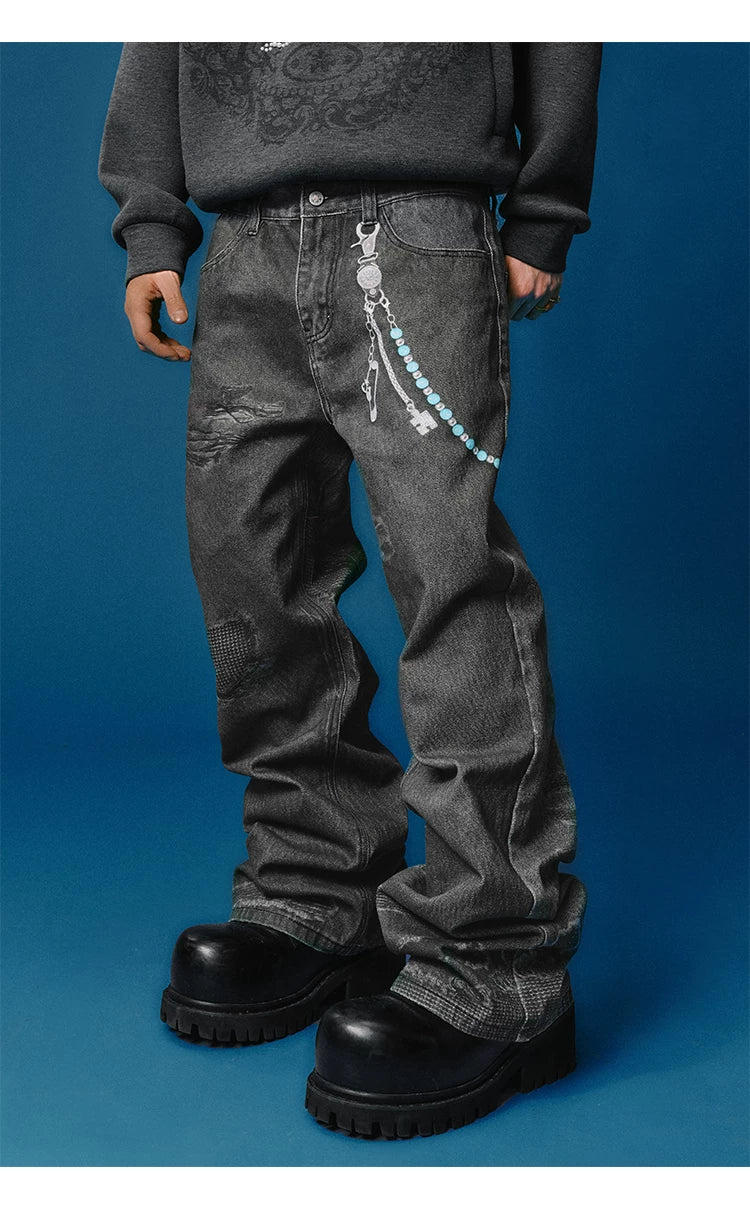 Chain Print Distressed Wide Leg Jeans