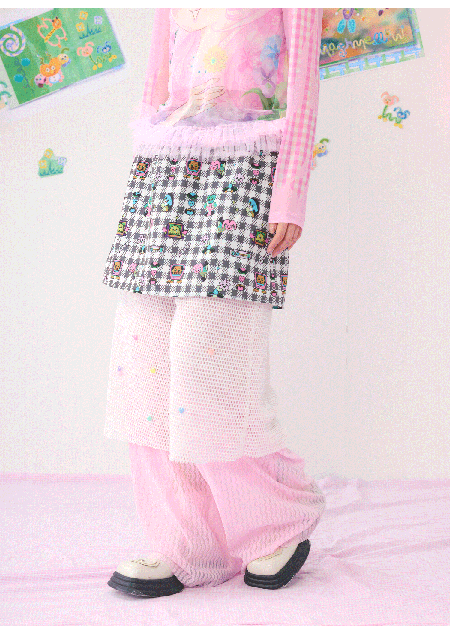 Layered Pink Pants with Gingham Bear Print Overskirt