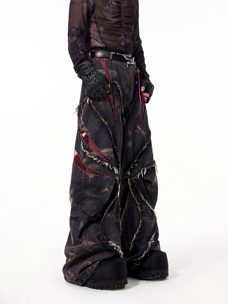 Distressed Wide-Leg Jeans with Leather Inlay Pattern