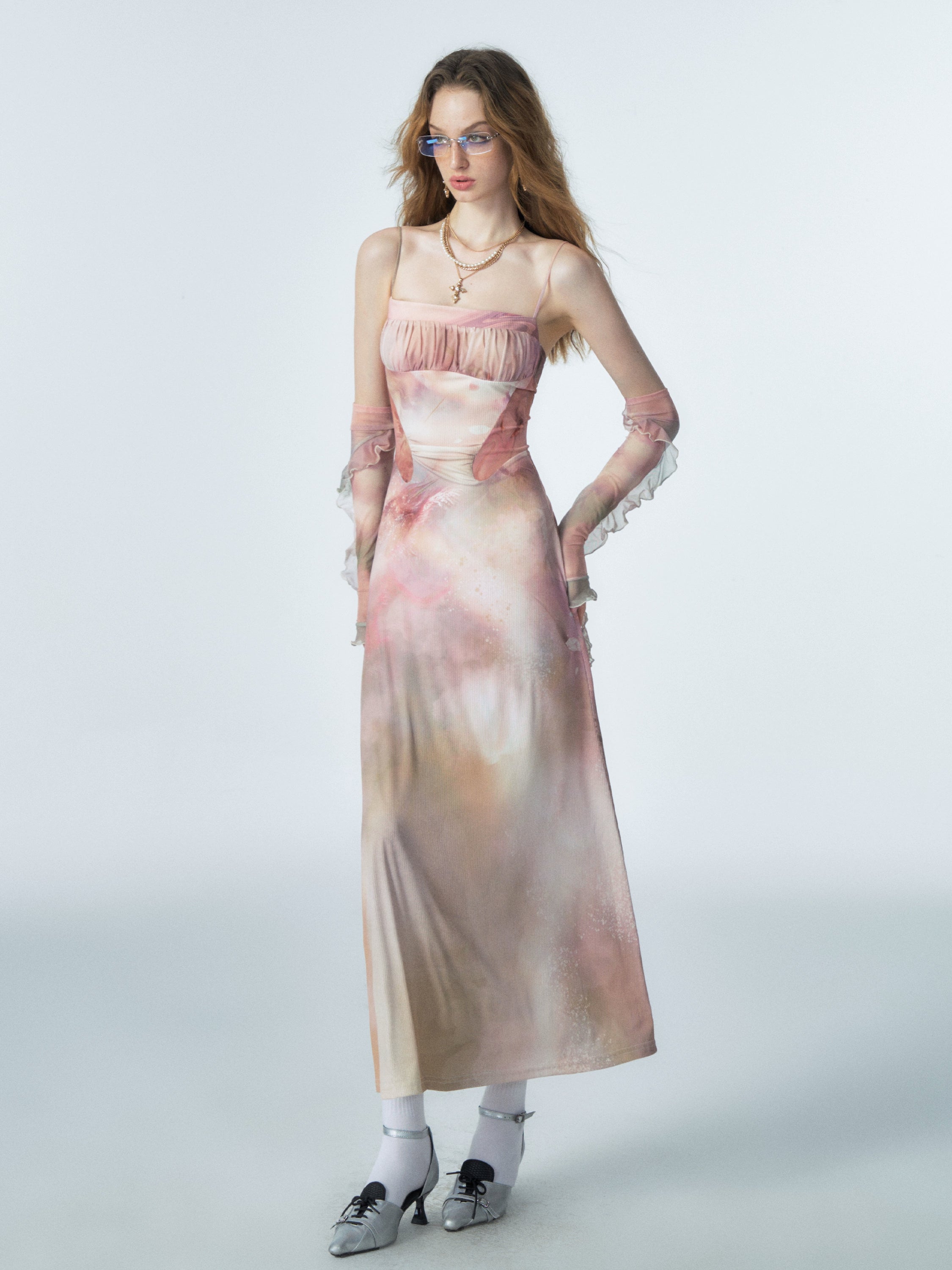 Of Akiva Watercolor Silk Maxi Dress with Detached Sleeves