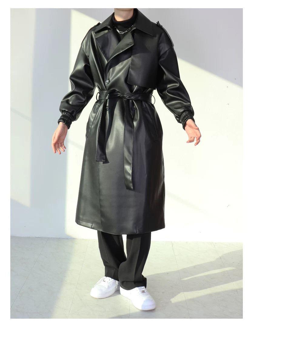 Noir Eclipse Belted Faux Leather Trench Coat