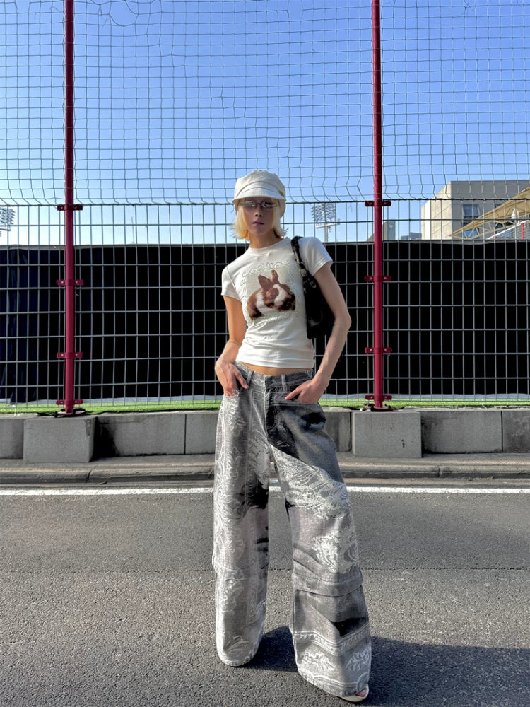 Flying Bird Print Convertible Wide-Leg Jeans