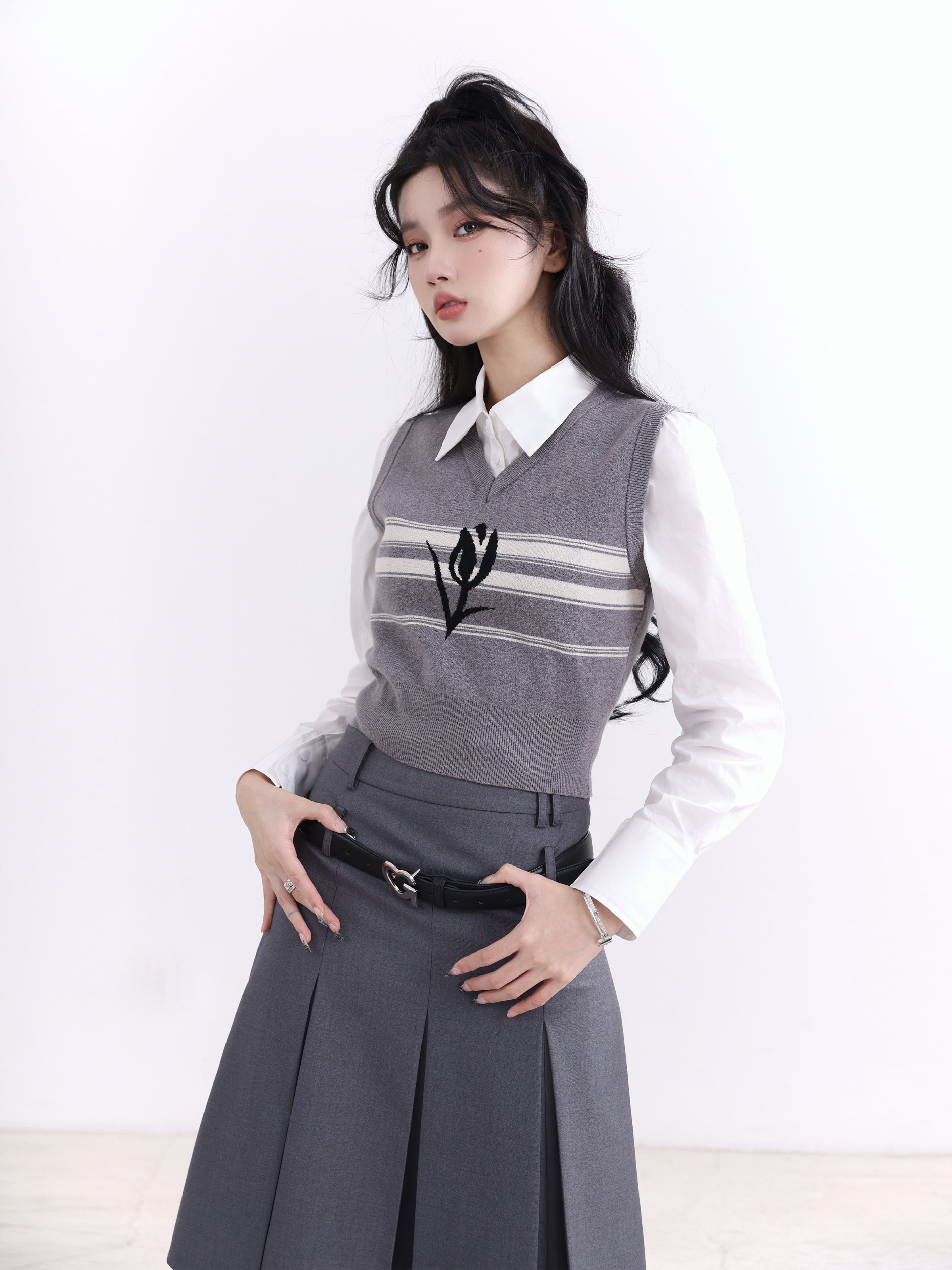 Preppy Academia Three-Piece Ensemble: Cropped Shirt, Floral Vest, and Pleated Skirt