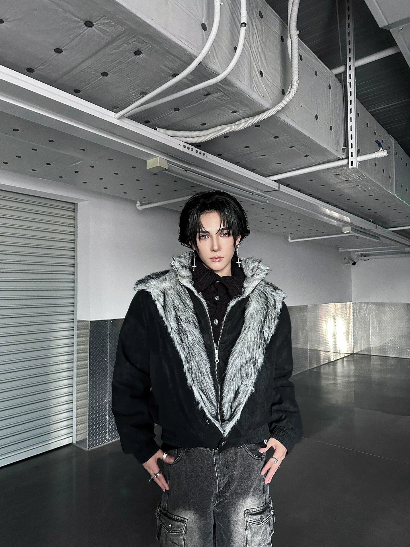 Frostbite V-Line Wolf-Fur Bomber Jacket