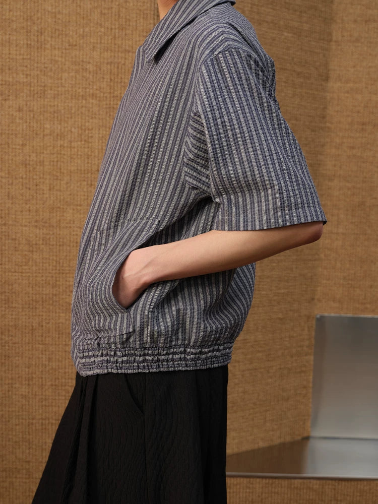 Vertical-Stripe Short-Sleeve Shirt with Curved Hem