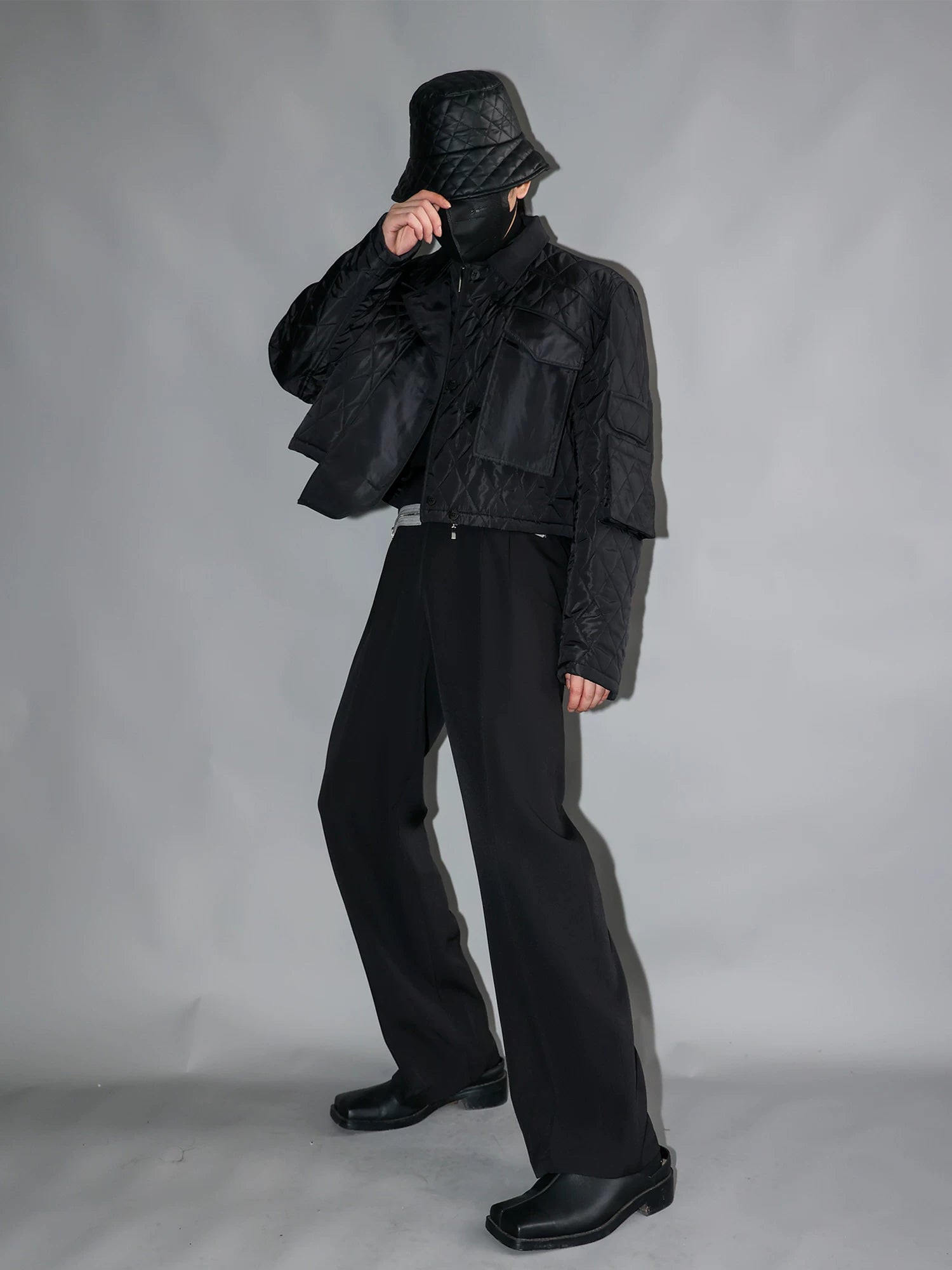 Midnight Grid Quilted Utility Crop Jacket