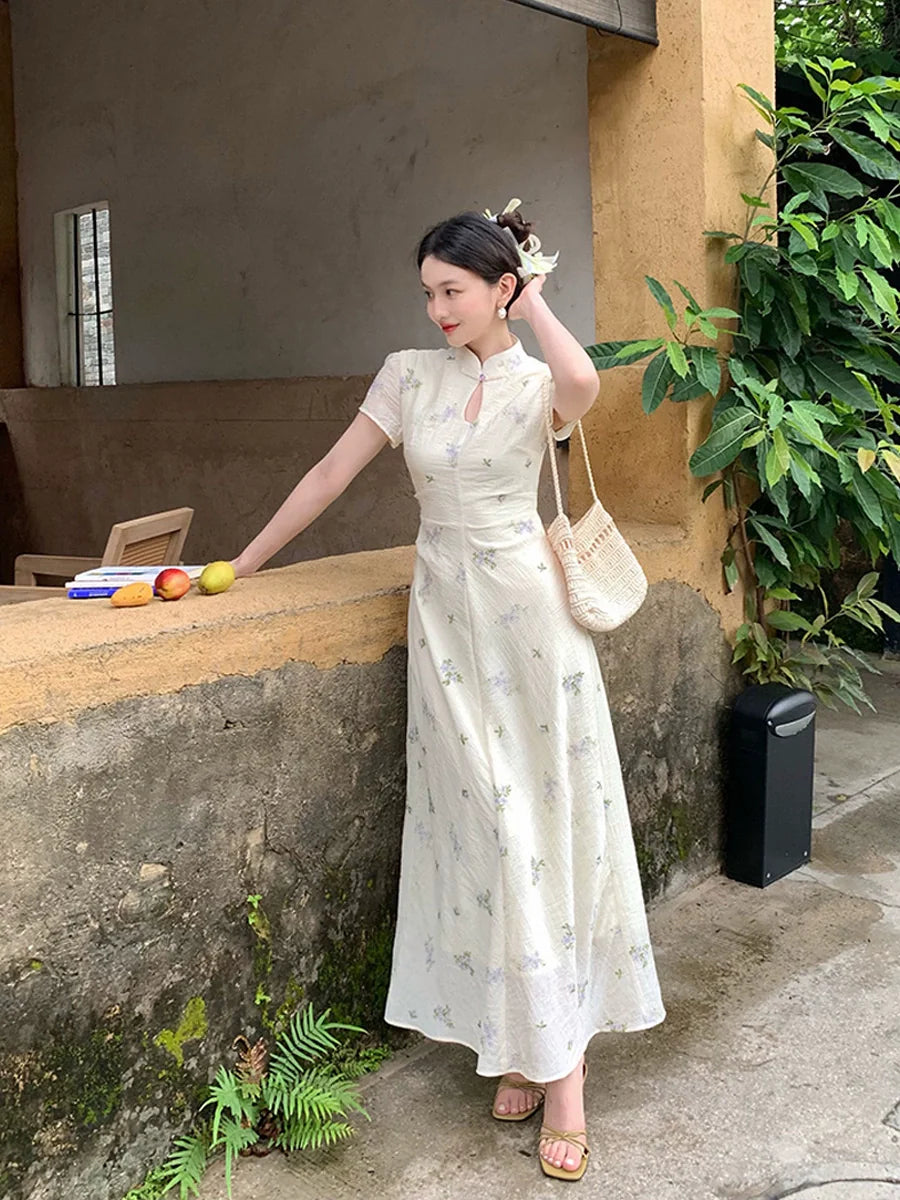 White Floral Chinese Collar Maxi Dress