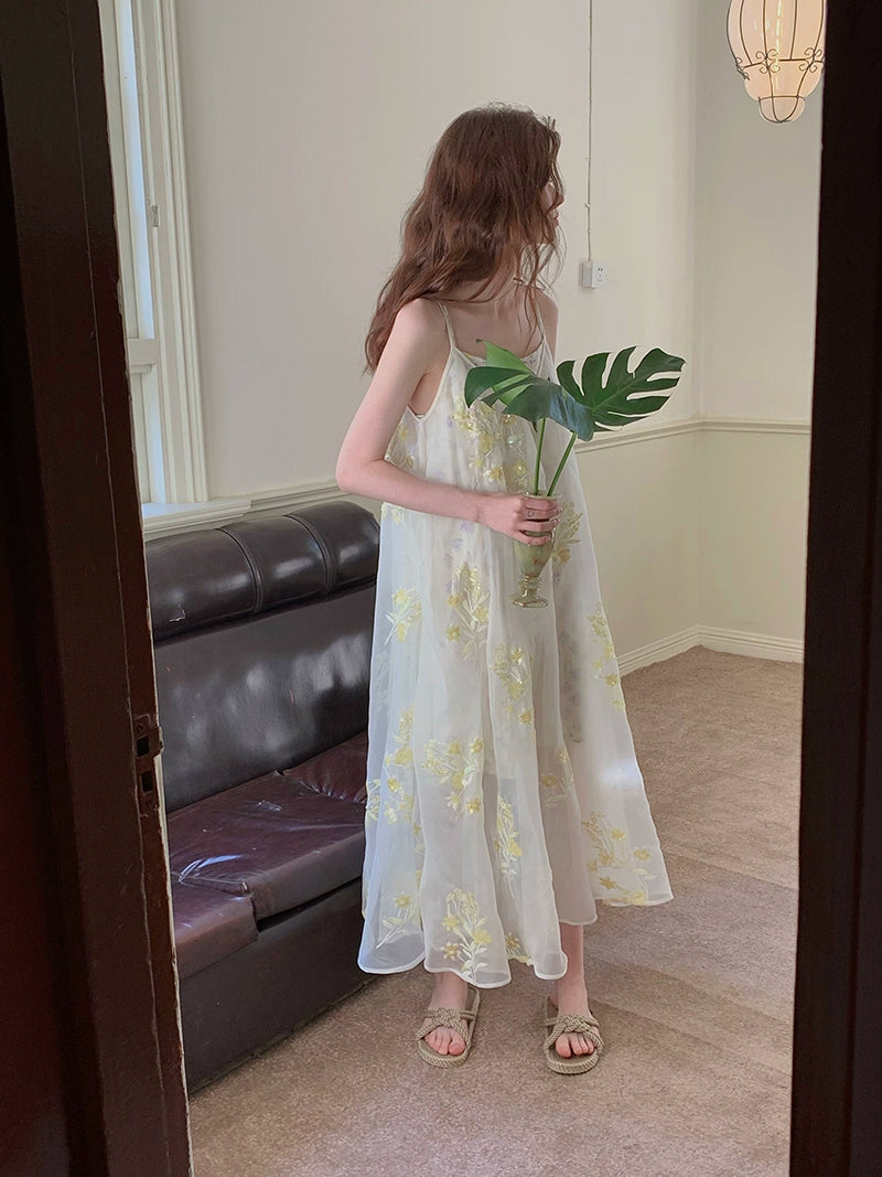 Floral Embroidered Tulle Midi Dress