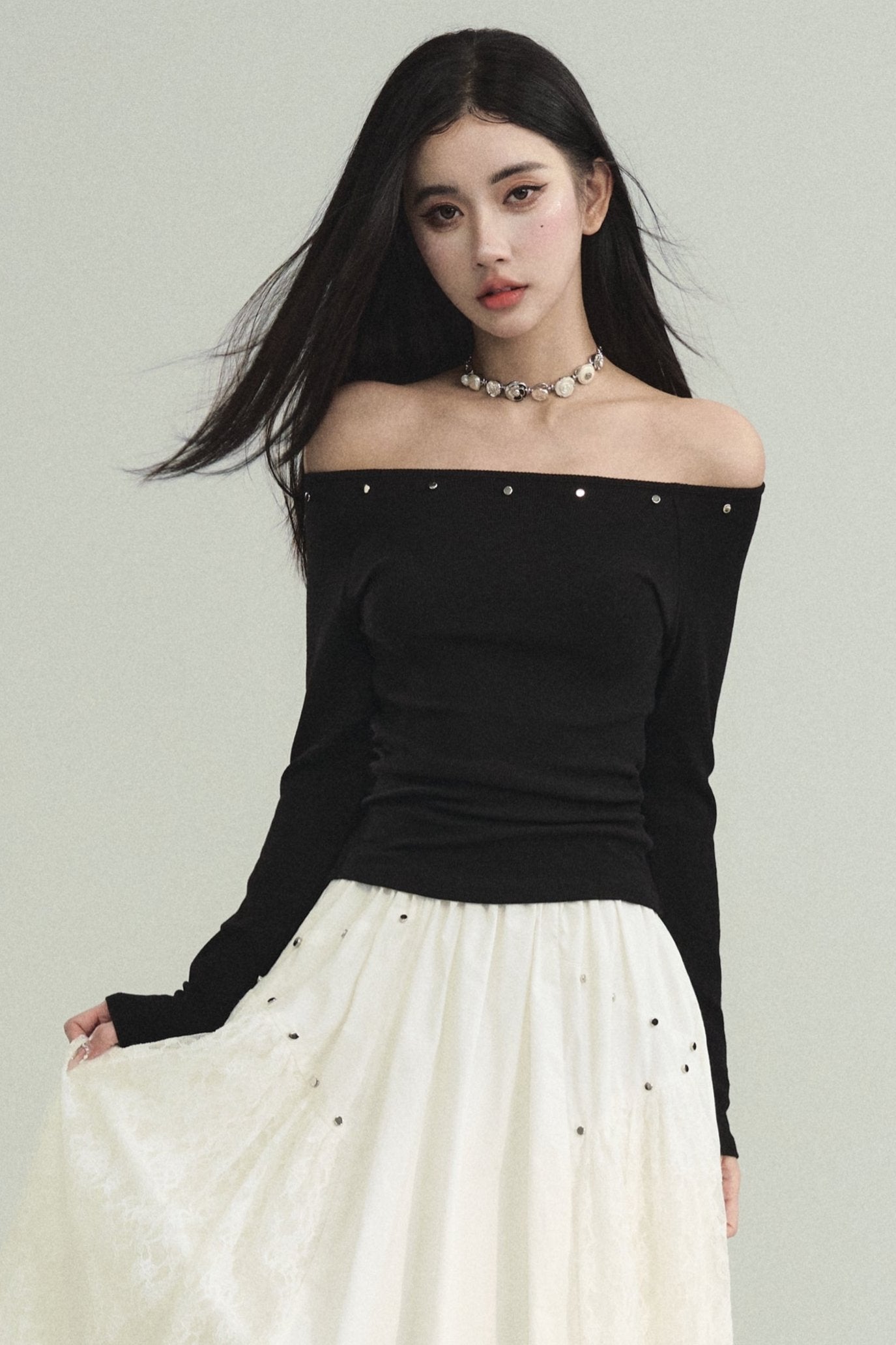 Rhinestone Off-Shoulder Crop Top and Tulle Midi Skirt Set