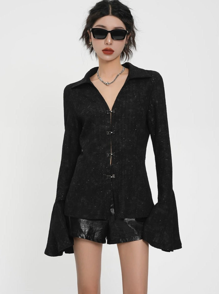 Sultry Black Sequin Mini Dress - Long Bell Sleeve Plunging V-Neck Party Dress