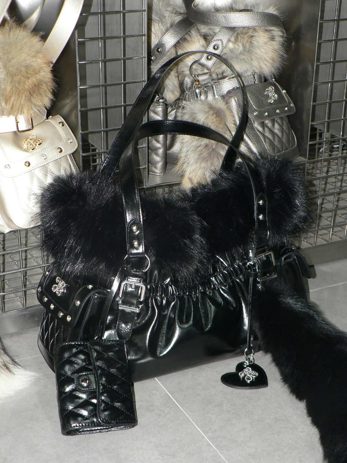 Golden Purr Luxe Faux‑Fur Charm Tote