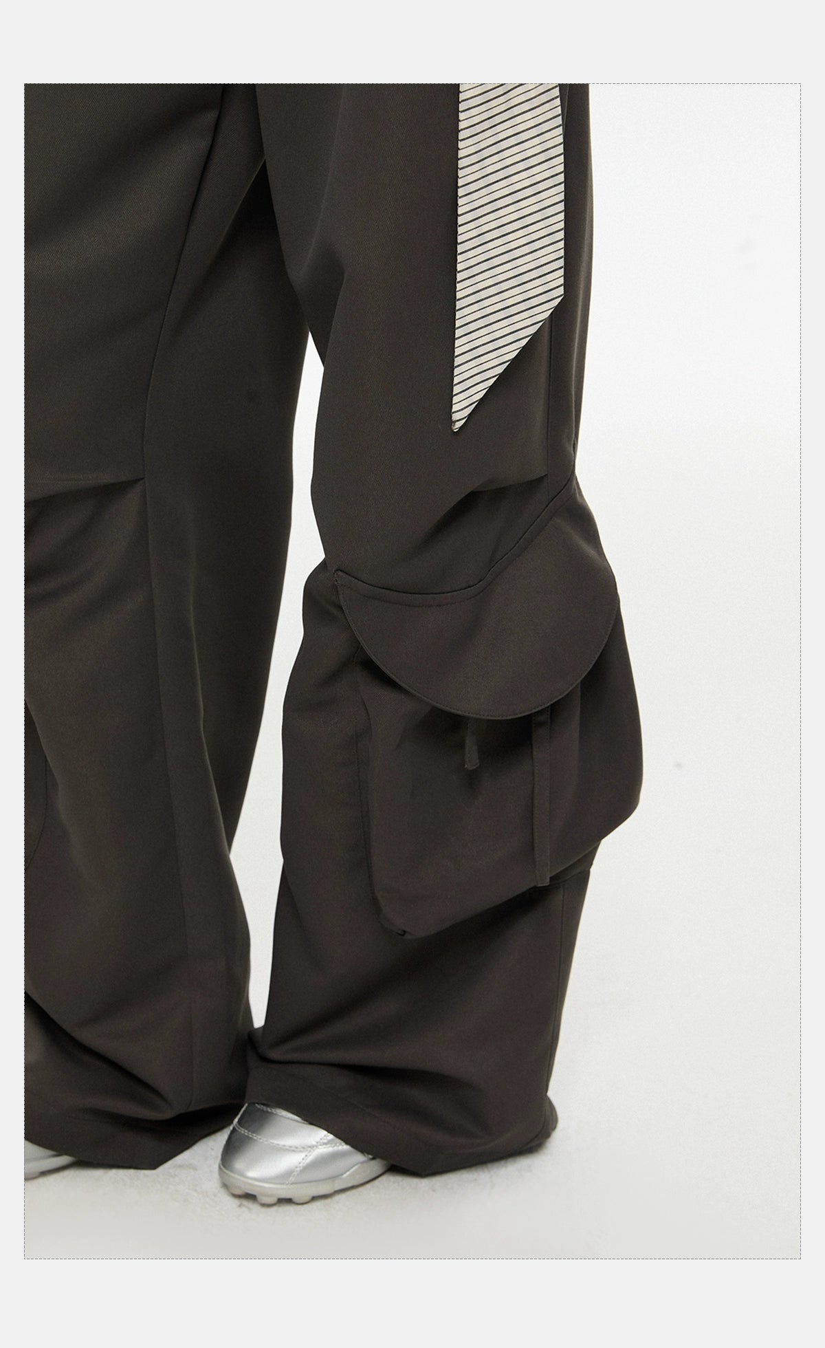 Wide-Leg Dark Cargo Pants with Striped Sash Belt