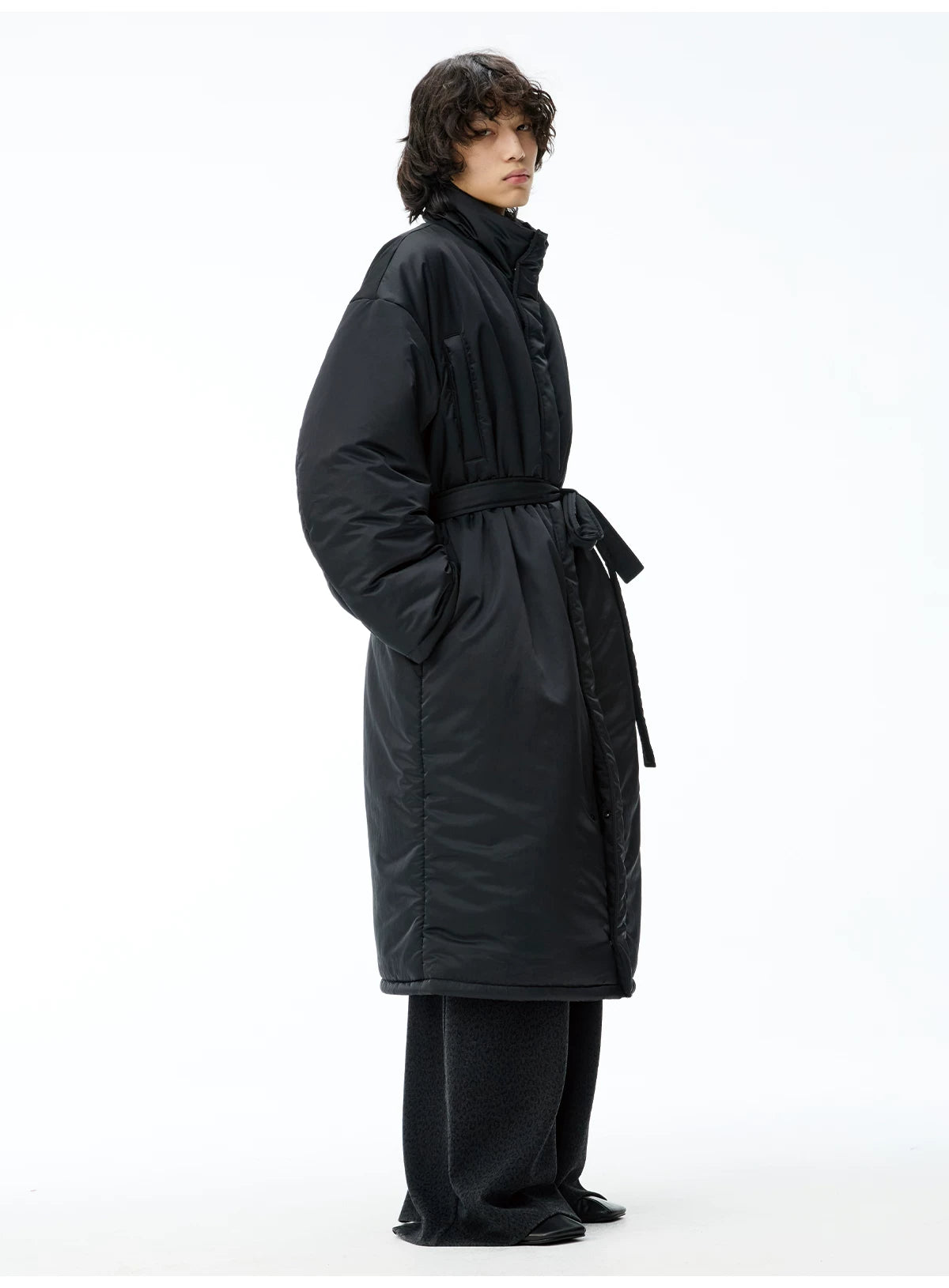 High Stand Collar Belted Long Puffer Coat