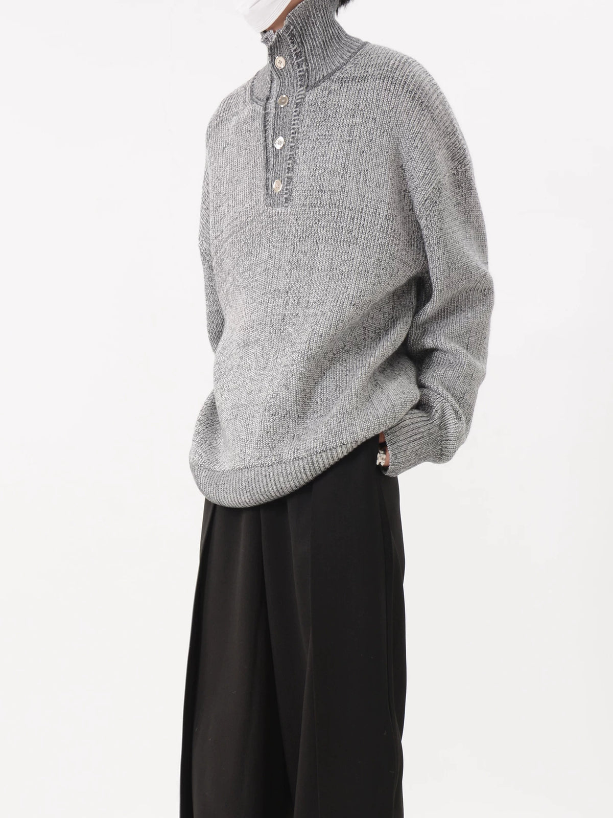 Grey Marled Button-Neck Oversized Knit Sweater
